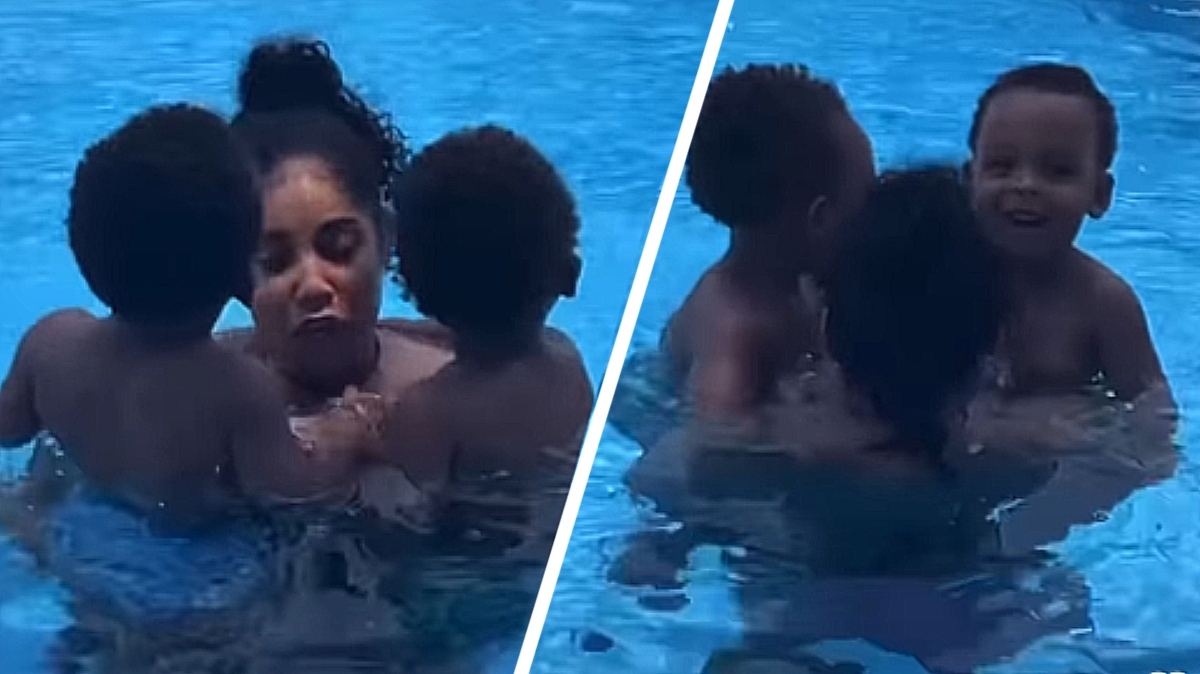 Kasi Bennett Playing in the Pool with Sons - Watch Video