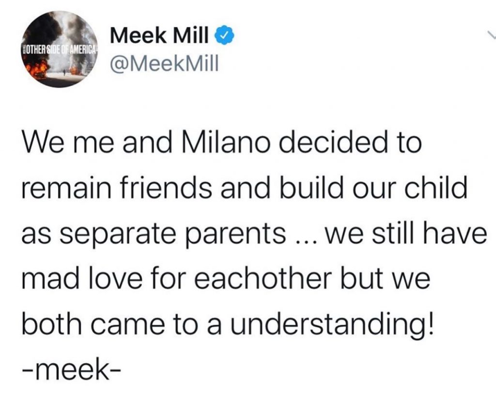 This image has an empty alt attribute; its file name is meek-mill-tweet-“Me-and-Milano-decided-to-remain-friends-and-build-our-child-as-separate-parents…-we-still-have-mad-love-for-each-other-but-we-both-came-to-an-understanding-meek-1024x833.jpg