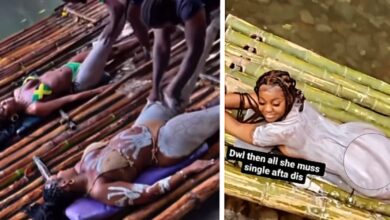 Group of Women Enjoys River Body Massage, One Does It Without Her Underwear