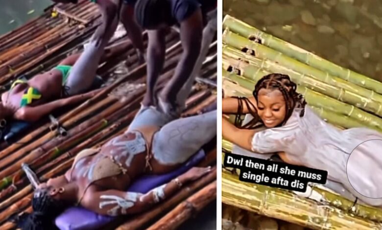 Group of Women Enjoys River Body Massage, One Does It Without Her Underwear