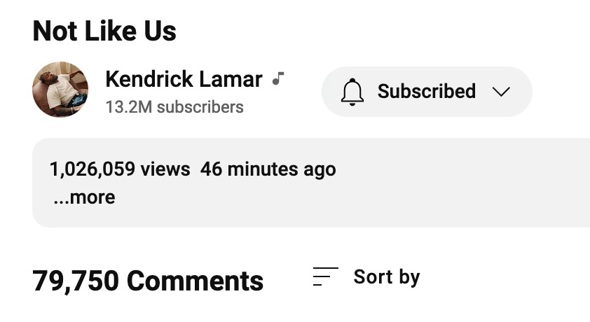 Kendrick Lamar’s Drake Diss Song ‘Not Like Us’ Racks Up 1Mil Views in 45Minutes: LISTEN